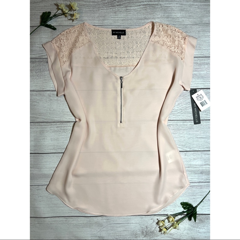 My Michelle Lace Front Zipper Short Sleeve Top
